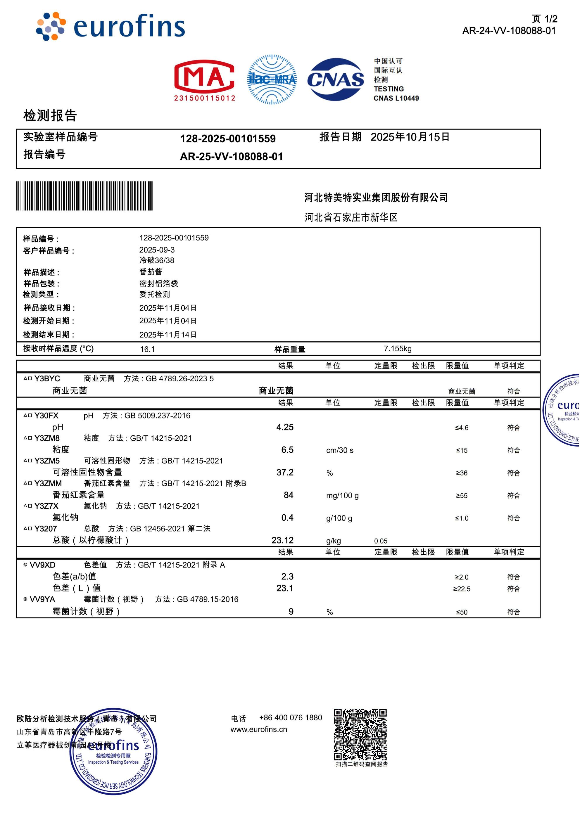 TEST REPORT:EUROFINS (reverse side)